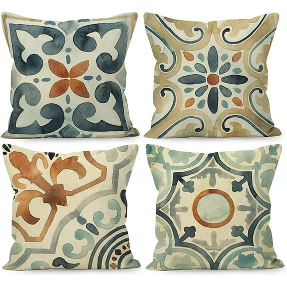 Boho Pillow Covers 18x18,Boho Pillow Cover,Watercolor Boho Bohemian Vintage Retro Floral Mandala Linen Throw Pillow Covers Set Of 4,Boho Decorative Living Room Bed Outdoor Decorations Decor