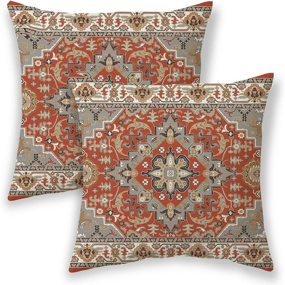 Boho Pillow Covers 18x18, Burnt Orange Grey Ethnic Design Outdoor Decorative Throw Pillows for Couch, Fall Carpet Pattern Decor Cushion Cover 2 Pcs Farmhouse Linen Pillowcase for Bed Car Safa