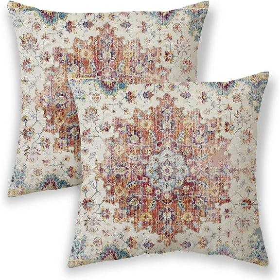 Boho Pillow Covers 18x18, Burnt Orange Yellow Ethnic Design Outdoor Decorative Throw Pillows for Couch, Fall Carpet Pattern Decor Cushion Cover 2 Pcs Farmhouse Linen Pillowcase for Bed Car Safa