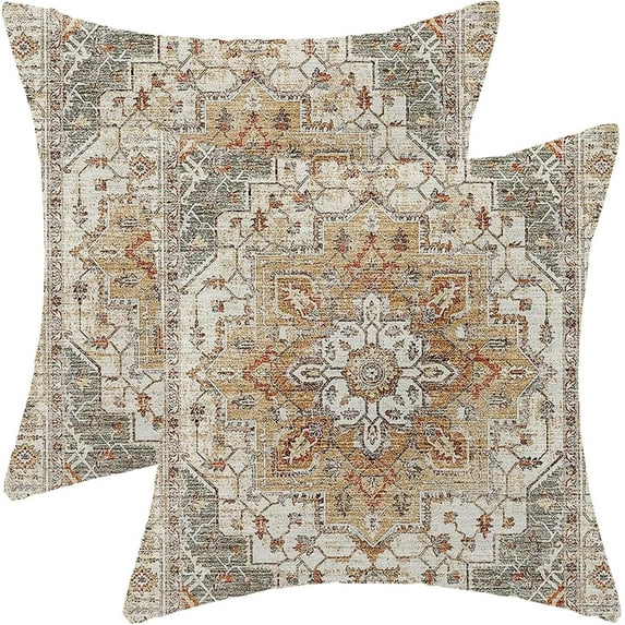 Boho Pillow Covers 18x18 Inch 2 Pcs Vintage Burnt Orange Grey Beige Carpet Pattern Ethnic Decor Throw Pillows Retro Outdoor Farmhouse Decoration Pillowcase Linen Cushion Cover for Couch Sofa