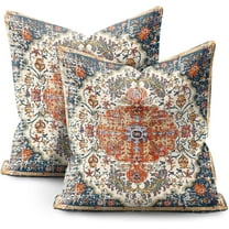 Boho Pillow Covers 18x18 Inch Set of 2 Blue Orange Throw Pillows Vintage Ethnic Bohemian Coral Floral Print Decorative Pillowcase Farmhouse Linen Cushion Cover for Home Sofa Bedroom