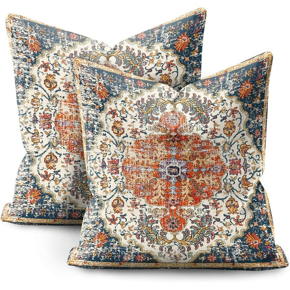 Boho Pillow Covers 18x18 Inch Set of 2 Blue Orange Throw Pillows Vintage Ethnic Bohemian Coral Floral Print Decorative Pillowcase Farmhouse Linen Cushion Cover for Home Sofa Bedroom