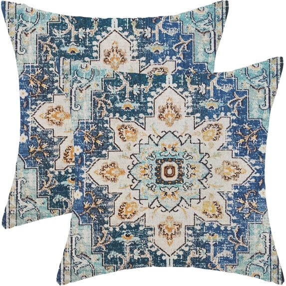 Boho Pillow Covers 18x18 Inch Set of 2,Carpet Pattern Throw Pillows Case,Blue Yellow Ethnic Design Outdoor Decorative Square Linen Farmhouse Decor Cushion Covers for Home Sofa Bed Couch