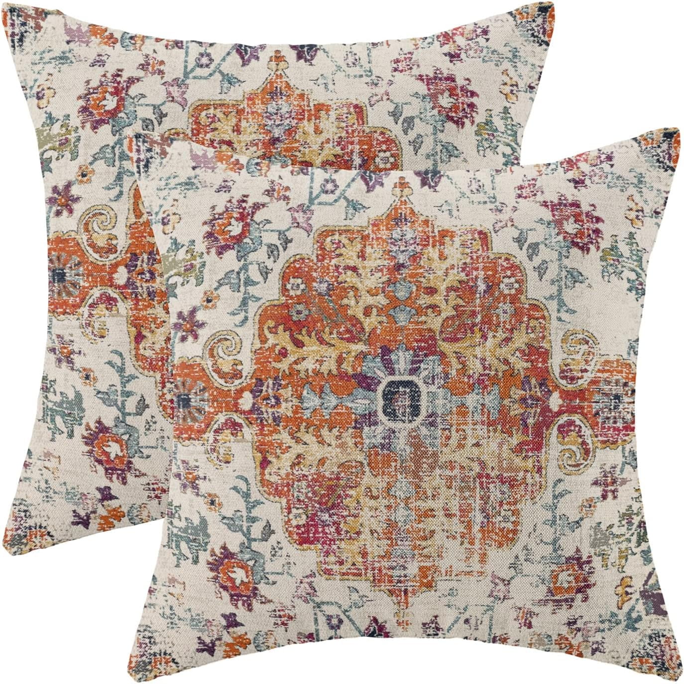 Boho Pillow Covers 18x18 Inch Set of 2,Carpet Pattern Throw Pillows Case,Burnt Orange Yellow ...