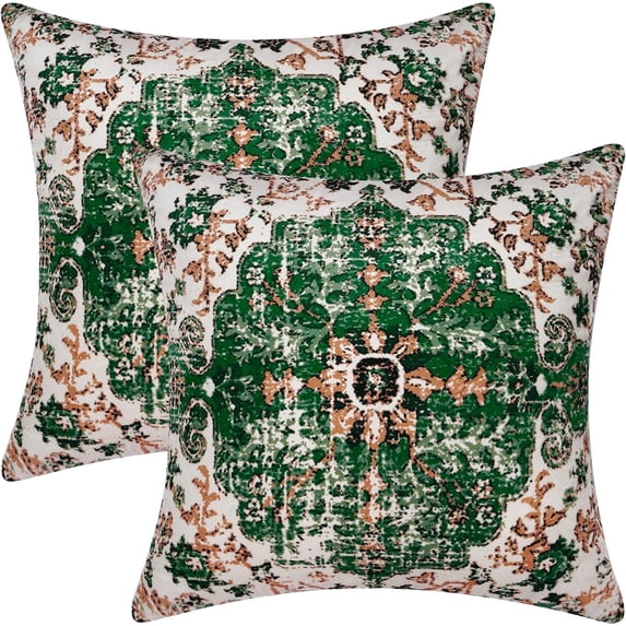 Boho Pillow Covers 18x18 Inch Square Set of 2, Christmas Green Throw Pillows for Couch Sofa Furniture, Velvet Farmhouse Decorative Pillows Carpet Pattern Ethnic Design Pillowcase for Bed Bench