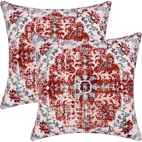 Boho Pillow Covers 18x18 Inch Square Set of 2, Christmas Red Throw Pillows for Couch Sofa Furniture, Velvet Farmhouse Decorative Pillows Carpet Pattern Ethnic Design Pillowcase for Bed Bench