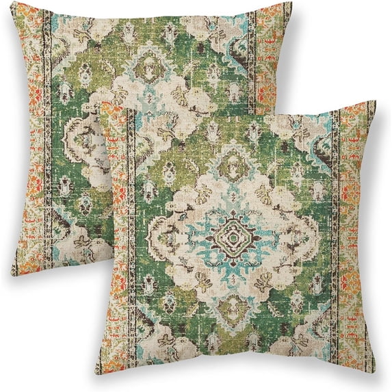 Boho Pillow Covers 18x18, Olive Green Ethnic Design Outdoor Decorative Throw Pillows for Couch, Carpet Pattern Decor Cushion Cover 2 Pcs Farmhouse Linen Pillowcase for Bed Car Safa