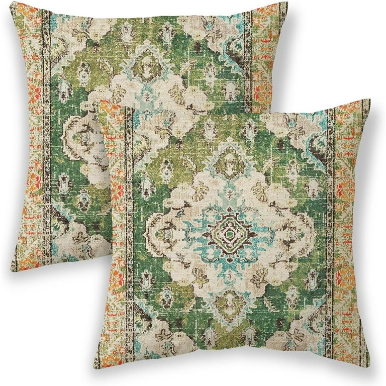 Boho Pillow Covers 18x18, Olive Green Ethnic Design Outdoor