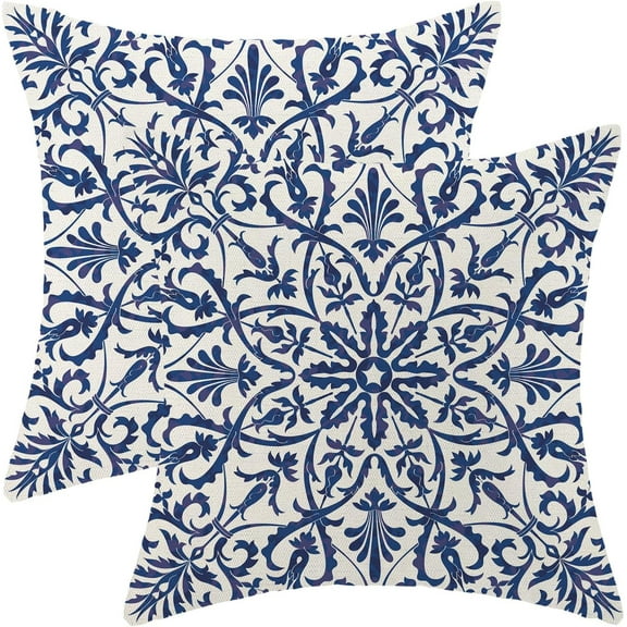 Boho Pillow Covers 18x18 Pack of Blue Ethnic Carpet Pattern Decorative Throw Pillow Covers Bohemian Rug Farmhouse Linen Blue Floral Print Pattern Cushion Cover for Sofa Couch Outdoor Decor