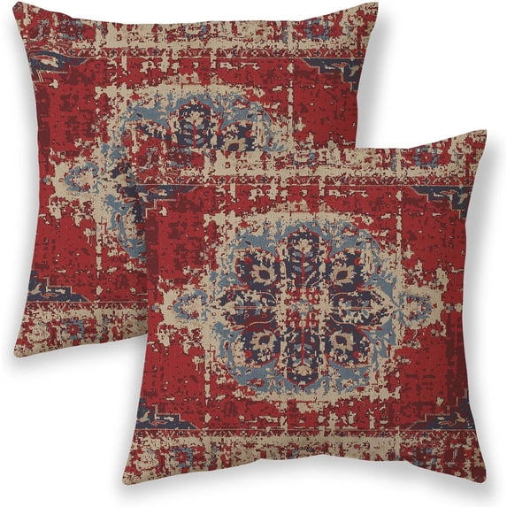 Boho Pillow Covers 18x18, Red Ethnic Design Outdoor Decorative Throw Pillows for Couch, Carpet Pattern Decor Cushion Cover 2 Pcs Farmhouse Linen Pillowcase for Bed Car Safa
