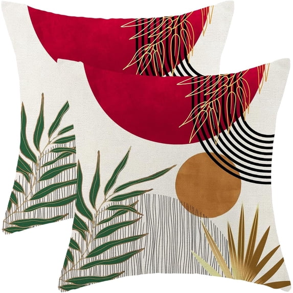Boho Pillow Covers 18x18 Set of 2 Abstract Red Green Gold Sunset Throw Pillow Cover Outdoor Mid Century Bohemian Style Tropical Leaf Pillowcase Farmhouse Linen Cushion Case Decor For Couch Sofa