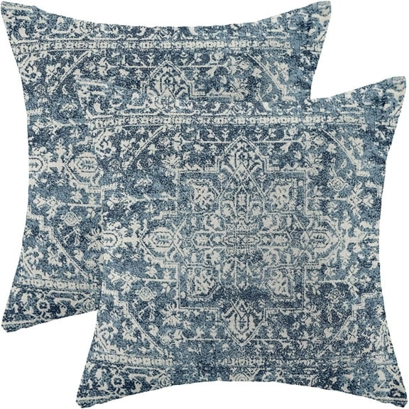Boho Pillow Covers 18x18 Set of 2, Blue Carpet Pattern Decorative Throw Pillows Linen Ethnic Design Farmhouse Cushion Pillow Covers for Sofa Couch Outdoor Decor