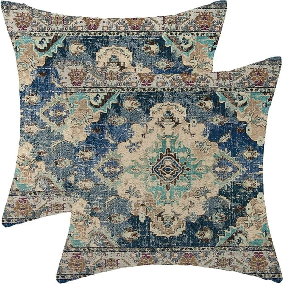 Boho Pillow Covers 18x18 Set Of 2 Blue Vintage Carpet Pattern Throw Pillow Covers Decoration Outdoor Decor Bohemian Style Decorative Pillowcase Farmhouse Linen Cushion Cover For Home Sofa Couch