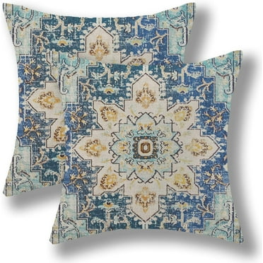 Boho Pillow Covers 18x18 Set of 2, Blue Yellow Carpet Ethnic Design Farmhouse Decorations Throw Pillow Covers Bohemian Pattern Outdoors Decorative Linen Cushion Case for Couch Sofa Home