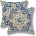 thumbnail image 1 of Boho Pillow Covers 18x18 Set of 2, Blue Yellow Carpet Ethnic Design Farmhouse Decorations Throw Pillow Covers Bohemian Pattern Outdoors Decorative Linen Cushion Case for Couch Sofa Home, 1 of 6