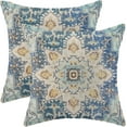 thumbnail image 1 of Boho Pillow Covers 18x18 Set of 2, Blue Yellow Carpet Pattern Decorative Throw Pillows Linen Ethnic Design Farmhouse Cushion Pillow Covers for Sofa Couch Outdoor Decor, 1 of 6