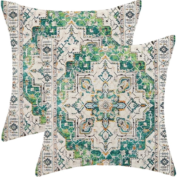 Boho Pillow Covers 18x18 Set of 2, Bohemian Carpet Pattern Green Decorative Throw Pillows Vintage Farmhouse Outdoor Farmhouse Pillows for Sofa Couch Bedroom Decor
