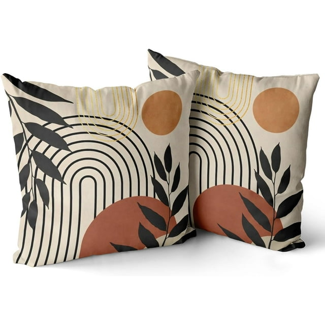 Boho Pillow Covers 18x18 Set of 2, Bohemian Mid Century Style Farmhouse Decorations Outdoor Throw Pillows Abstract Orange Sunset Art Outdoors Decorative Cushion Case for Couch Sofa Home