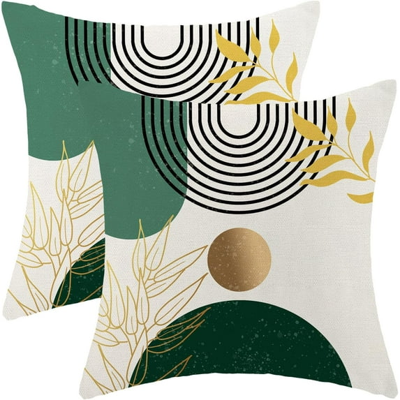 Boho Pillow Covers 18x18 Set of 2, Bohemian Mid Century Style Green Gold Throw Pillow Covers Linen Farmhouse Vintage Abstract Art Boho Decor Cushion Case Boho Home decor For Couch Sofa Outdoor