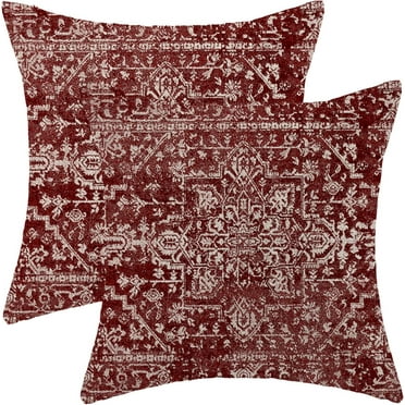 Boho Pillow Covers 18x18 Set of 2, Burgandy Red Carpet Pattern Decorative Throw Pillows Linen Ethnic Design Farmhouse Cushion Pillow Covers for Sofa Couch Outdoor Decor