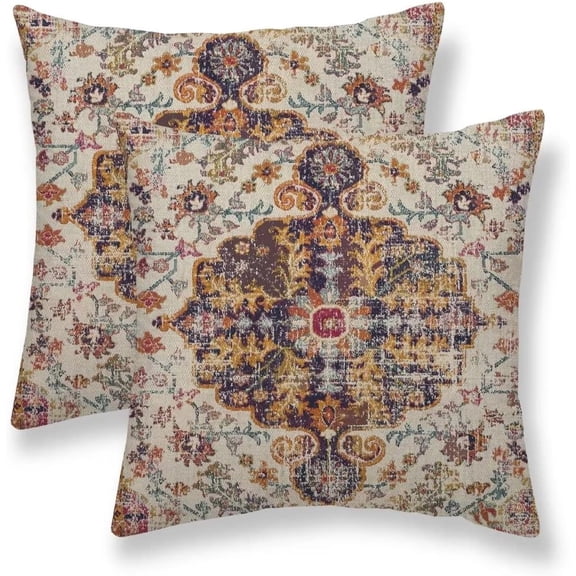 Boho Pillow Covers 18x18 Set of 2, Carpet Ethnic Pattern Throw Pillow Covers Bohemian Rustic Farmhouse Outdoor Cushion Cases Linen Decorative Gifts for Couch Sofa Decor - Purple