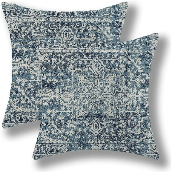 Boho Pillow Covers 18x18 Set of 2, Ethnic Bohemian Blue Design Farmhouse Decorations Throw Pillow Covers Carpet Pattern Outdoor Decorative Linen Cushion Case for Couch Sofa Home