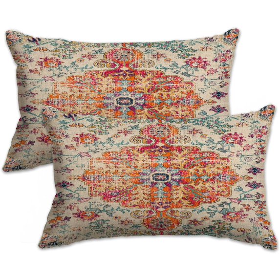 Boho Pillow Covers 18x18 Set of 2 Ethnic Bohemian Carpet Vintage Rust Coral Floral Decorative Cotton Pillow Cases with Zipper Outdoor Decorative Pillow Case for Couch Bed Home Decor