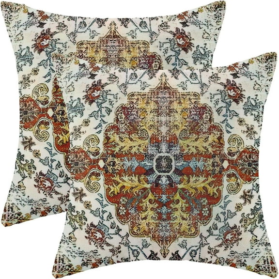 Boho Pillow Covers 18x18 Set of 2, Ethnic Design Decorative Throw Pillows Linen Yellow Red Carpet Pattern Farmhouse Cushion Pillow Covers for Sofa Couch Outdoor Decor