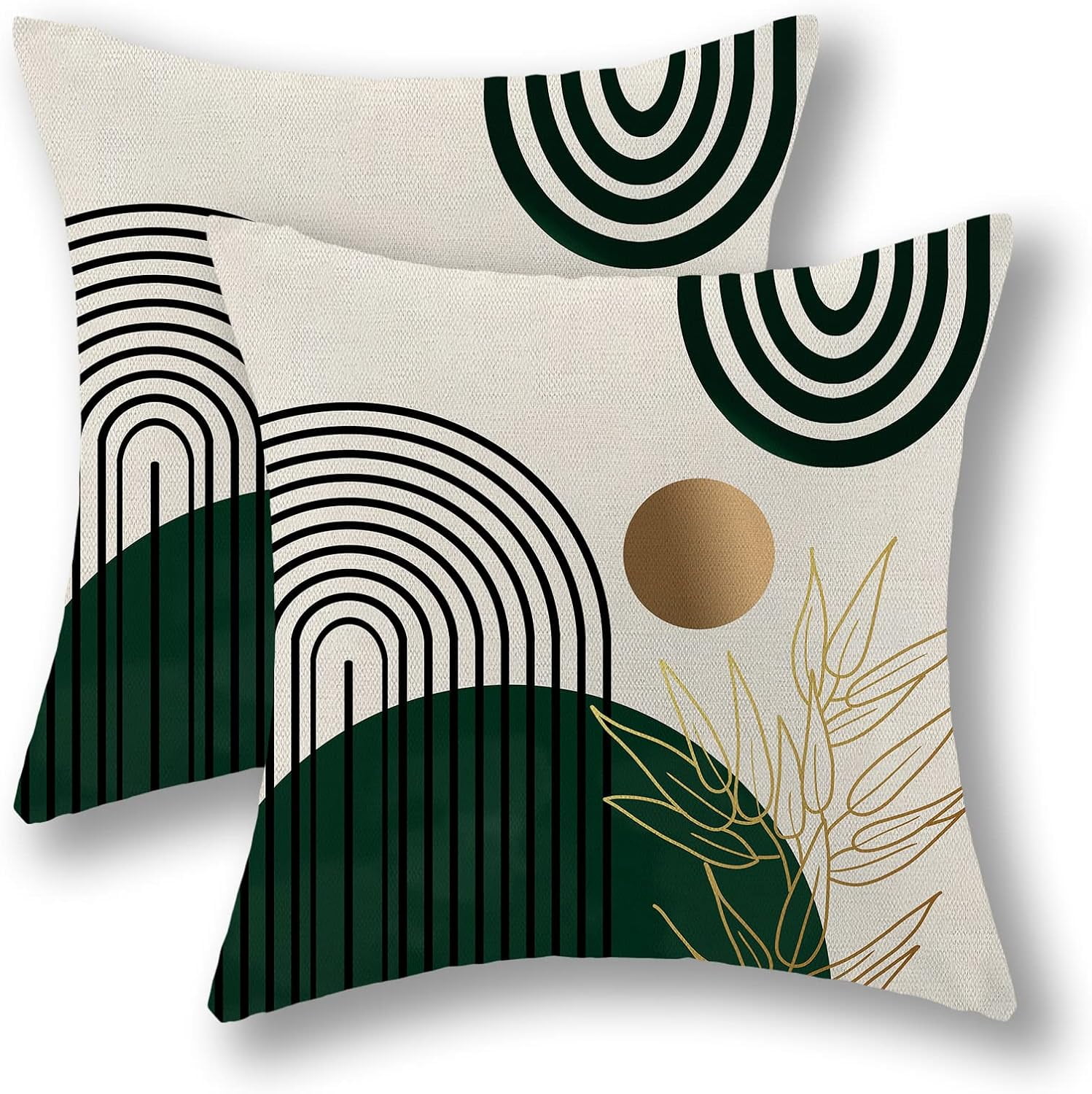 Boho Pillow Covers 18x18 Set of 2, Green Gold Farmhouse Decorations Throw Pillow Covers Boho Leaves Tropical Outdoor Decorative Linen Cushion Case for Couch Sofa Home
