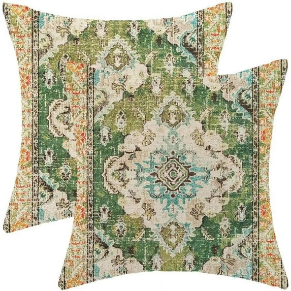 Boho Pillow Covers 18x18 Set of 2 Green Rug Carpet Decorative Throw Pillow Outdoor Square Carpet Ethnic Pattern Cushion Cover Decor for Home Couch Sofa