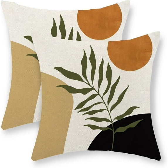 Boho Pillow Covers 18x18 Set of 2 Mid Century Green Black Orange Sunset Throw Pillow Covers Outdoor Modern Abstract Bohemian Tropical Leaf Pillowcase Farmhouse Linen Cushion Case For Home Sofa