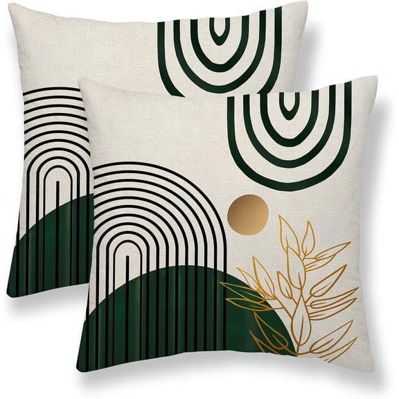 Boho Pillow Covers 18x18 Set of 2, Mid Century Green Tropical Leaves Decorative Outdoor Throw Pillow Covers Abstract Geometric Minimalist Modern Cushion Case Linen Square for Home Couch Sofa