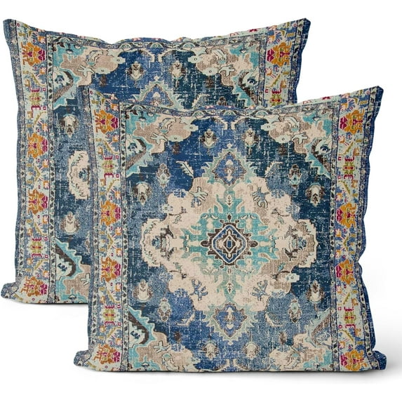 Boho Pillow Covers 18x18 Set of 2, Navy Blue Persian Carpet Boho Throw Pillow Covers Linen Farmhouse Vintage Monaco Rug Decor Cushion Case Boho Home Decor for Couch Sofa Outdoor