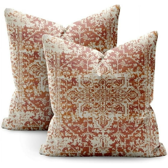 Boho Pillow Covers 18x18 Set of 2,Orange Pattern Throw Pillow Covers Outdoor Decorative Linen Pillow Covers for Couch Bed Sofa Cushion Boho Pillowcases