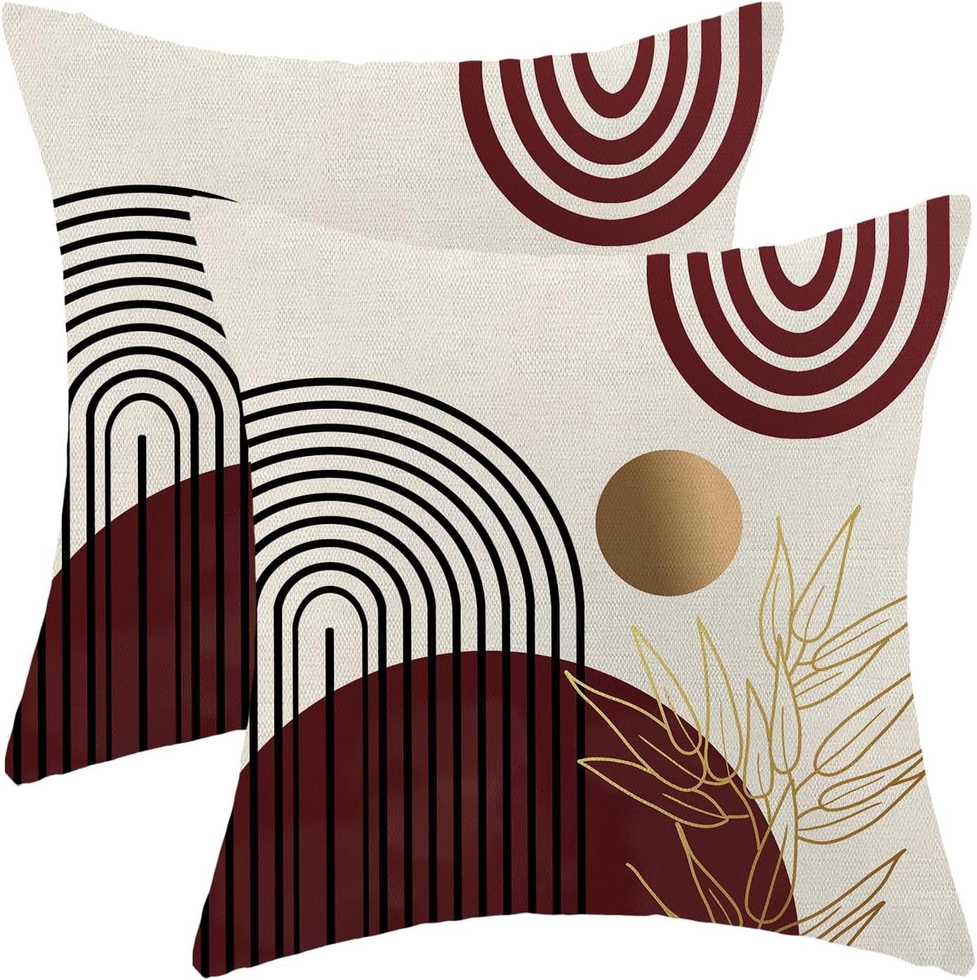 Boho Pillow Covers 18x18 Set of 2, Red Gold Farmhouse Decorations Throw Pillow Covers Boho Leaves Tropical Outdoor Decorative Linen Cushion Case for Couch Sofa Home