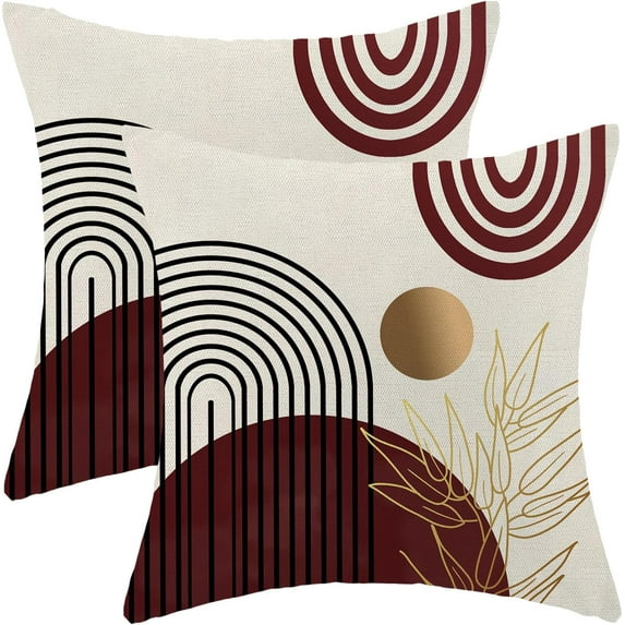 Boho Pillow Covers 18x18 Set of 2, Red Gold Farmhouse Decorations Throw Pillow Covers Boho Leaves Tropical Outdoor Decorative Linen Cushion Case for Couch Sofa Home