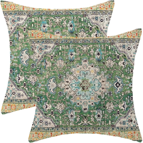 Boho Pillow Covers 18x18 Set of 2 Vintage Green Floral Carpet Throw Pillow Covers Decoration Outdoor Bohemian Rug Pattern Decorative Pillowcase Farmhouse Linen Cushion Cover for Home Couch