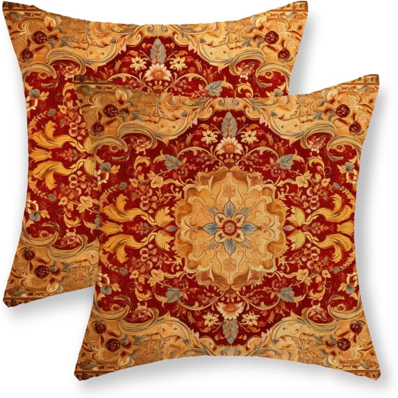 Boho Pillow Covers 18x18 Set of 2, Vintage Rug Gold Orange Decor Spring Summer Throw Pillows Ethnic Floral Decorative Carpet Bohemian Pillowcase Farmhouse Linen Outdoor Cushion Case for Sofa
