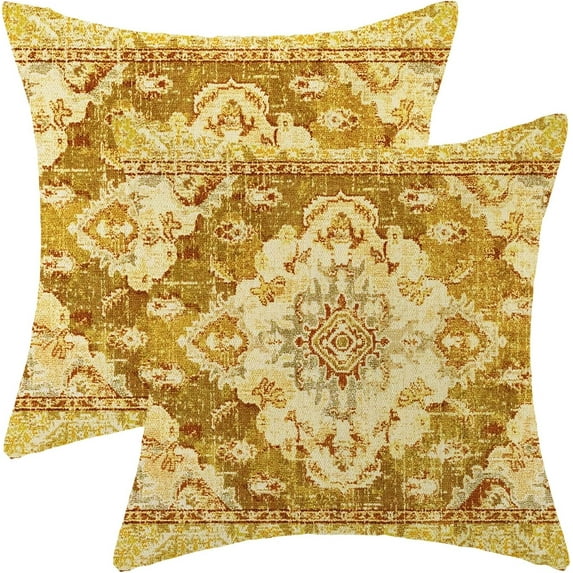 Boho Pillow Covers 18x18 Set of 2 Yellow Vintage Carpet Throw Pillow Covers Outdoor Decoration Retro Bohemian Rug Pattern Decorative Pillowcase Farmhouse Linen Cushion Cover for Sofa Couch