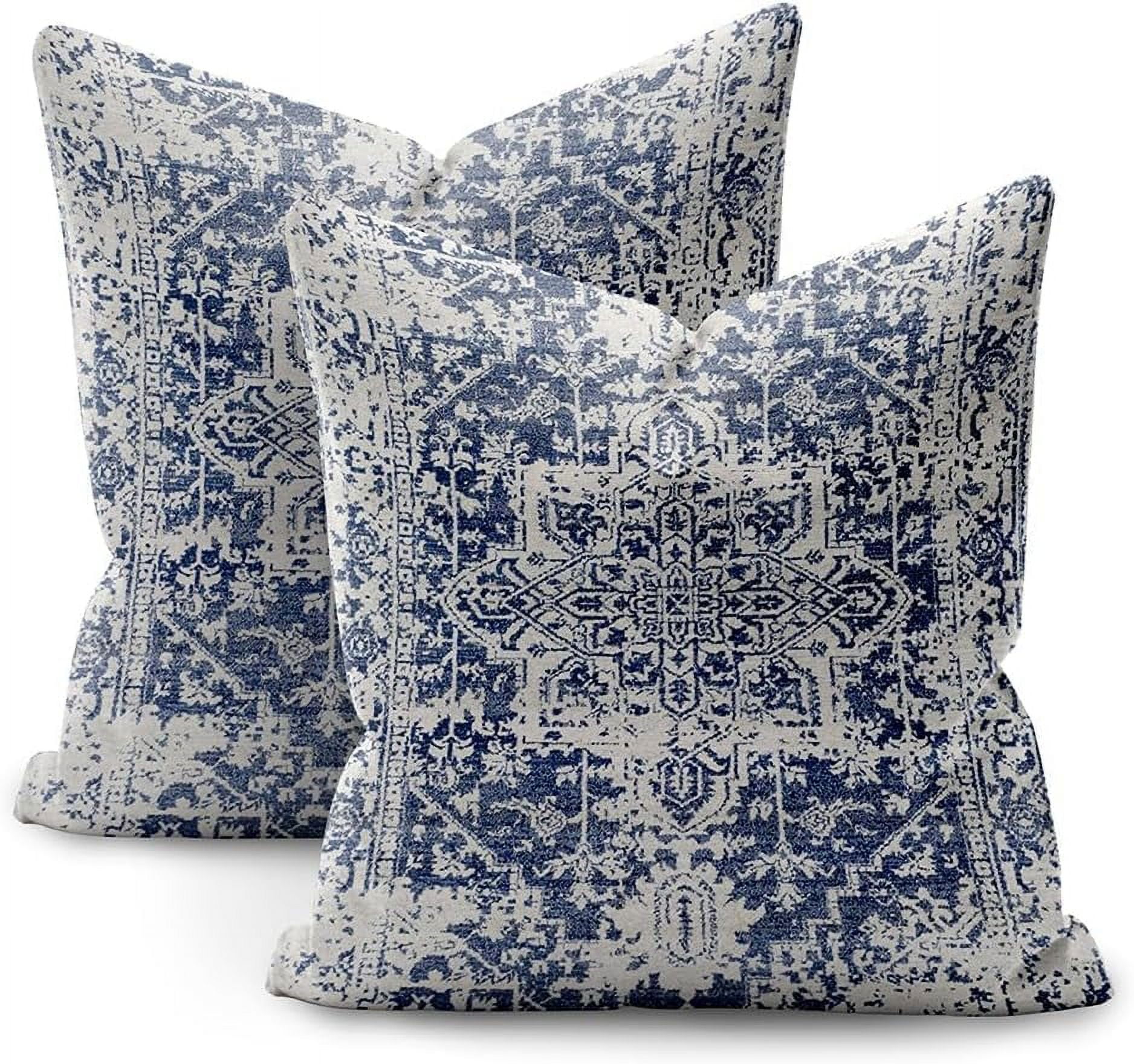 Boho Pillow Covers 18x18 Set of 2,Blue Throw Pillow Covers Outdoor Decorative Linen Pillow Covers for Couch Bed Sofa Cushion Boho Pillowcases