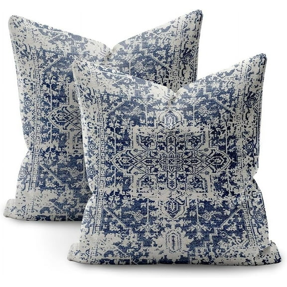 Boho Pillow Covers 18x18 Set of 2,Blue Throw Pillow Covers Outdoor Decorative Linen Pillow Covers for Couch Bed Sofa Cushion Boho Pillowcases