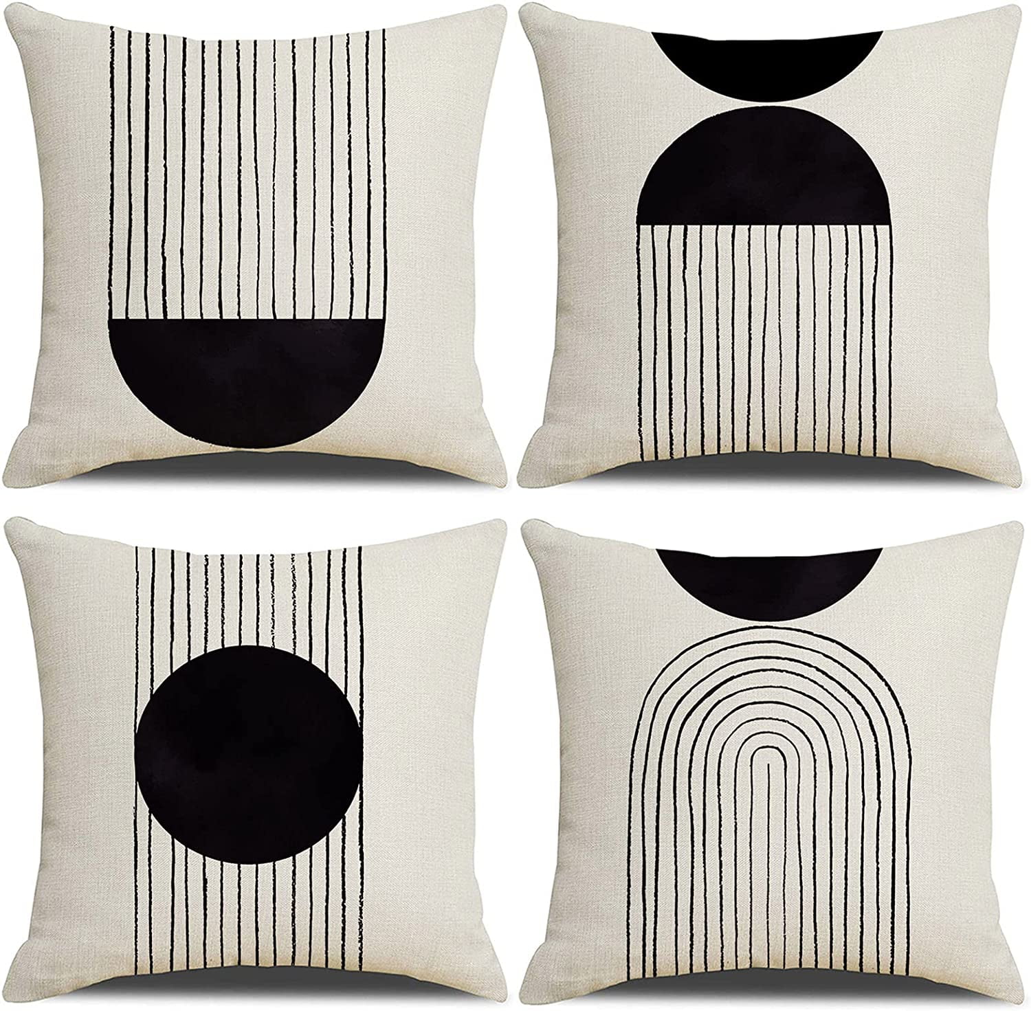 Boho Pillow Covers 18x18 Set of 4, Modern Arch Sun Decor Cotton Linen Pillow Covers Black and
