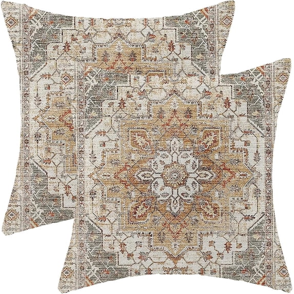 Boho Pillow Covers 20x20 Inch 2 Pcs Vintage Burnt Orange Grey Beige Carpet Pattern Ethnic Decor Throw Pillows Retro Outdoor Farmhouse Decoration Pillowcase Linen Cushion Cover for Couch Sofa