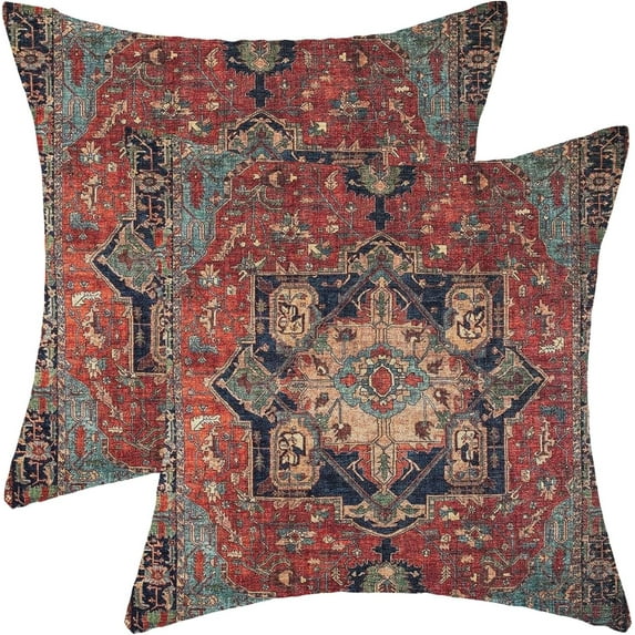 Boho Pillow Covers 20x20 Inch 2 Pcs Vintage Red Carpet Pattern Ethnic Decor Throw Pillows Blue Teal Retro Bohemian Outdoor Farmhouse Decoration Pillowcase Linen Cushion Cover for Couch Sofa Bed