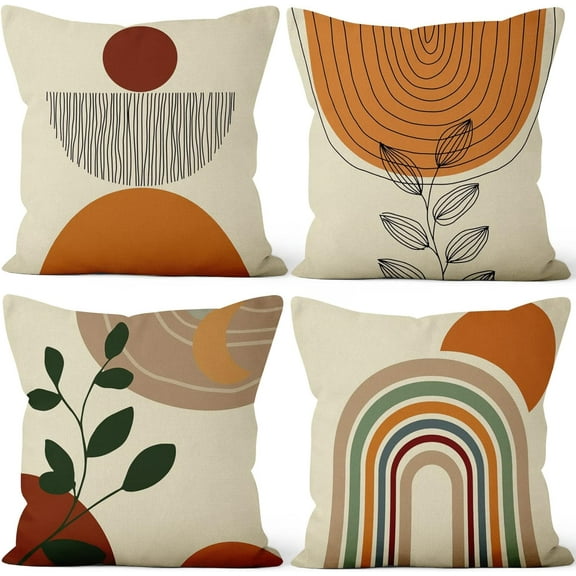 Boho Pillow Covers 20x20 Inch, Mid Century Abstract Sun and Moon Throw Pillow Covers Sunrise Rainbow Square Cotton Linen Terracotta Couch Pillowcases, Set of 4 (No Inserts)
