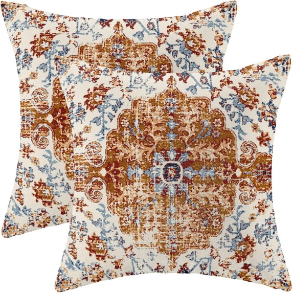 Boho Pillow Covers 20x20 Inch Set of 2,Carpet Pattern Throw Pillows Case,Mustard Yellow Blue Ethnic Design Outdoor Decorative Square Linen Farmhouse Decor Cushion Covers for Home Sofa Bed Couch