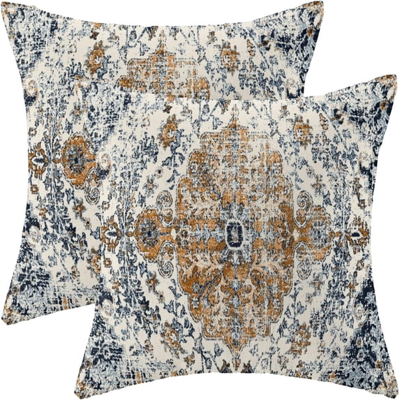 Boho Pillow Covers 20x20 Inch Set of 2,Carpet Pattern Throw Pillows Case,Rust Blue Ethnic Design Outdoor Decorative Square Linen Farmhouse Decor Cushion Covers for Home Sofa Bed Couch