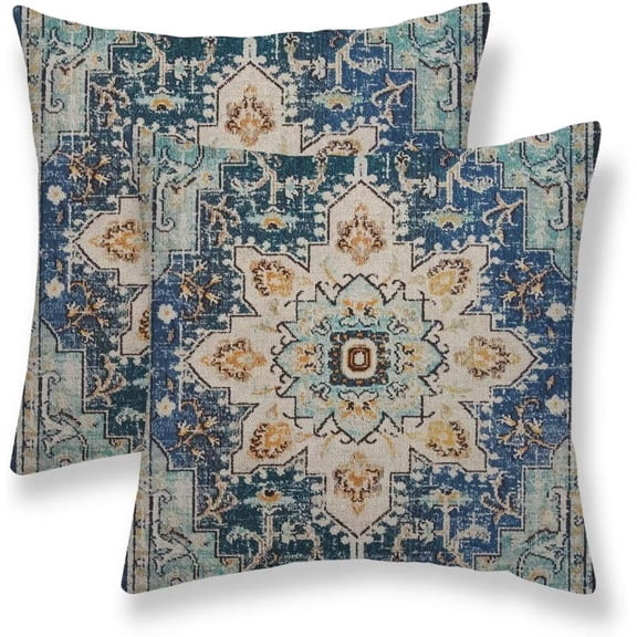 Boho Pillow Covers 20x20 Set of 2, Light Blue Beige Carpet Pattern Outdoor Decorative Throw Pillows Vintage Linen Ethnic Rustic Farmhouse Cushion Cases for Couch Sofa Decor