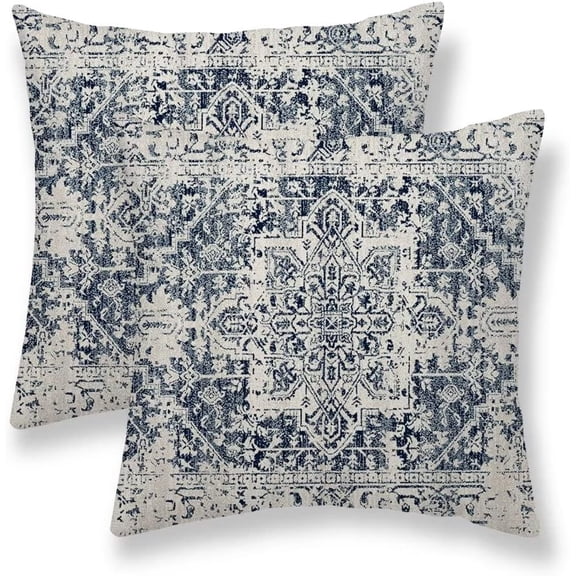 Boho Pillow Covers 20x20 Set of 2, White Navy Blue Carpet Pattern Outdoor Decorative Throw Pillows Ethnic Rustic Farmhouse Cushion Cases Linen Gifts for Couch Sofa Decor