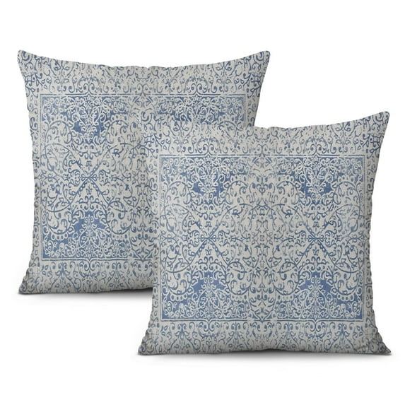 Boho Pillow Covers 20x20inch, Ethnic Design Blue Carpet on Linen, Set of 2, Elegant Throw Pillows for Farmhouse, Sofa, Couch, Outdoor Decor